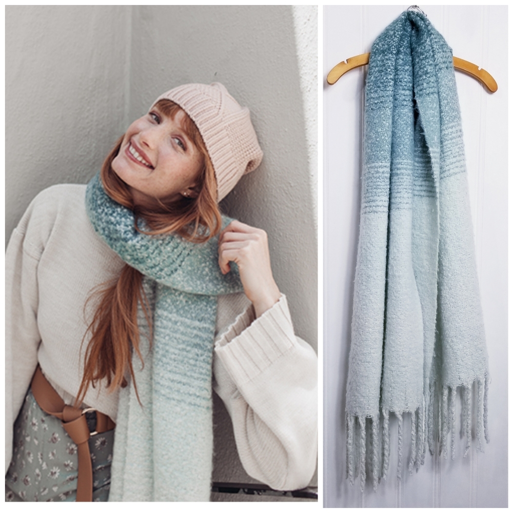 Mer Sea Scarf OS Always By The Sea Cozy Travel Wrap Ombre Teal Aqua Green Fringe